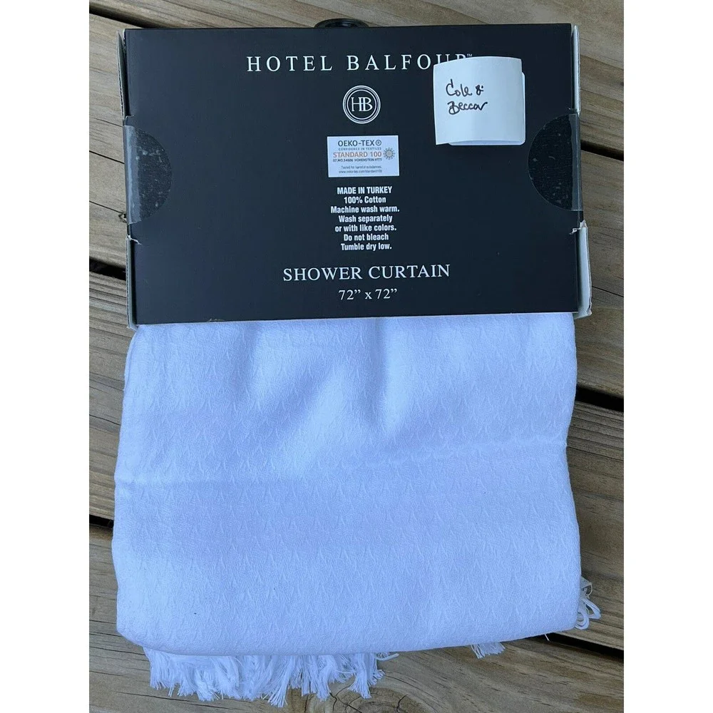 Hotel Balfour 100% Turkish Cotton White Shower Curtain Spa Blue Border W/ Fringe